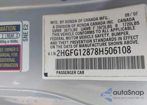 2008 Honda Civic Ex from USA, damaged, VIN 2HGFG12878H506108